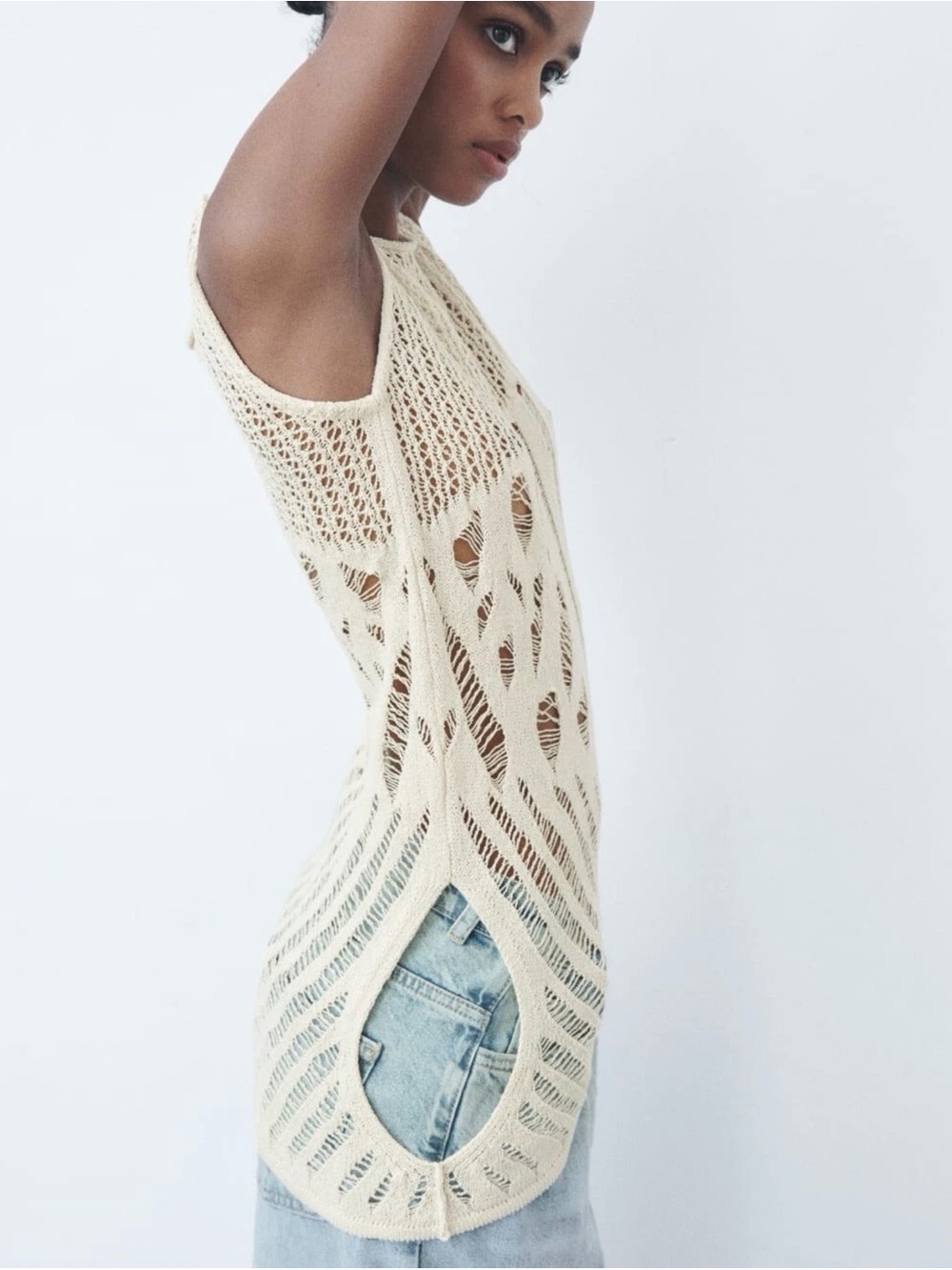 Zara Cream Open-Weave Crochet Tank Top